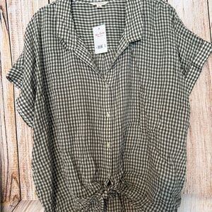 Lucky Brand Olive and White Gingham Tie-Front Button Shirt